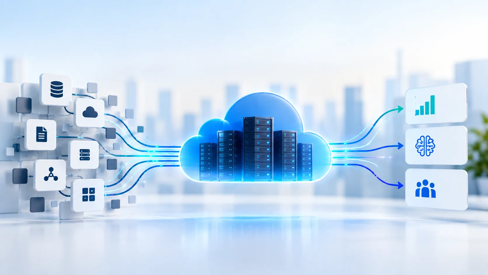 Enterprise data flowing from fragmented sources through a governed platform into analytics and AI